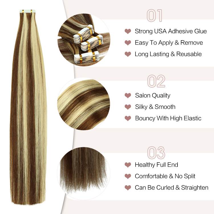 FH highlight P4/613 russian remy human hair straight tape hair extension