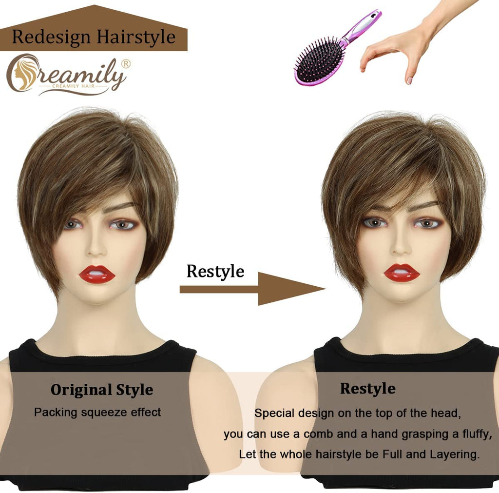 Creamily Brown Wigs for Women Synthetic Short Brown Wig Mixed Blonde Pixie Cut Wigs with Bangs Short Pixie Wigs Wefted Wig Caps