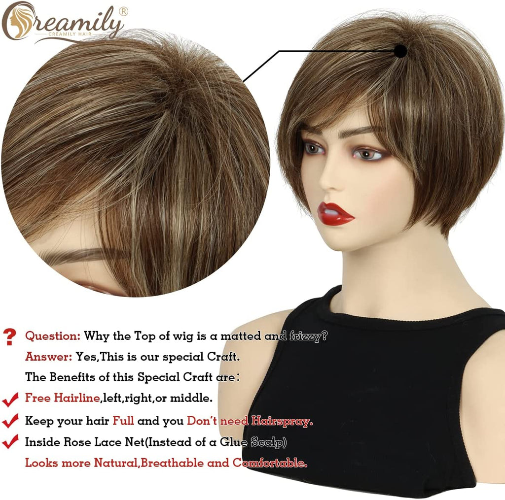 Creamily Brown Wigs for Women Synthetic Short Brown Wig Mixed Blonde Pixie Cut Wigs with Bangs Short Pixie Wigs Wefted Wig Caps