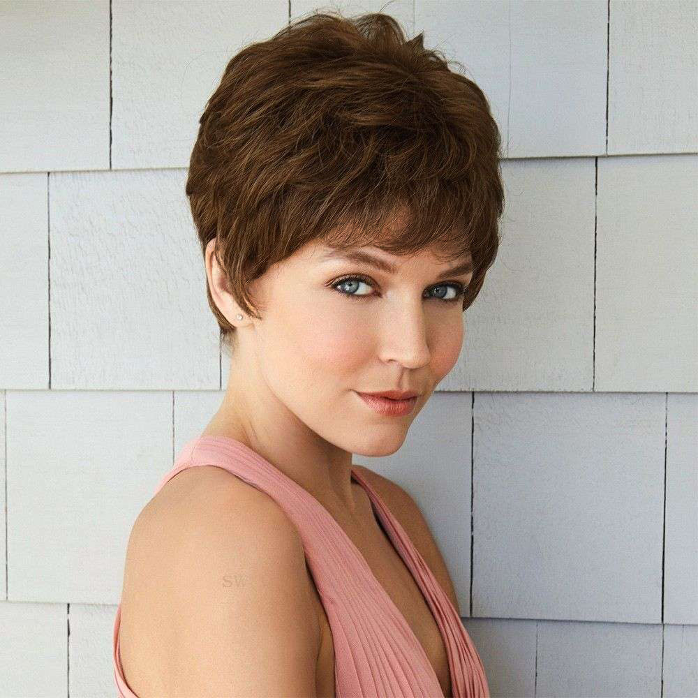 no45 yms✨2PCS 50% OFF✨ P12613  Short Brown Pixie Wigs with Bangs Layered Cut Natural Curl Straight Synthetic Hair Wig