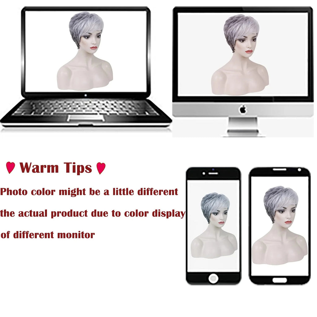 PHOCAS Gray Wigs for Women Synthetic Short Pixie Cut Wigs Wefted Wig Caps Grey Mix Brown