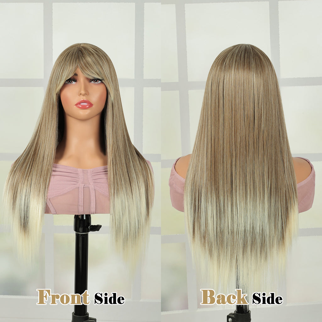 Lakihair 23inch Short Blonde Bob Wigs with Bangs Mix Brown Wigs for Women
