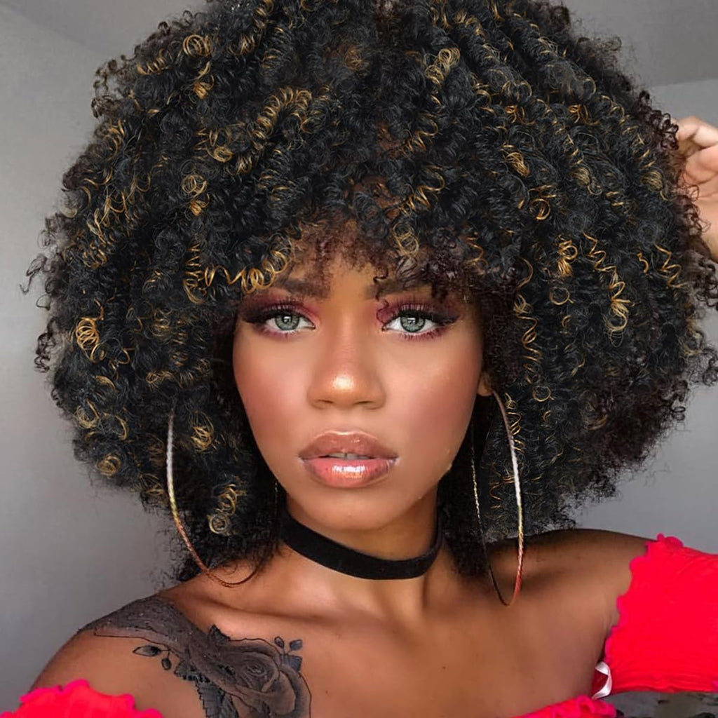 Queentas Blonde Wigs for Black Women Kinky Curly Wigs Synthetic 70s 80s Mens Wigs Short Curly Wigs with Bangs for Halloween Glueless Wigs