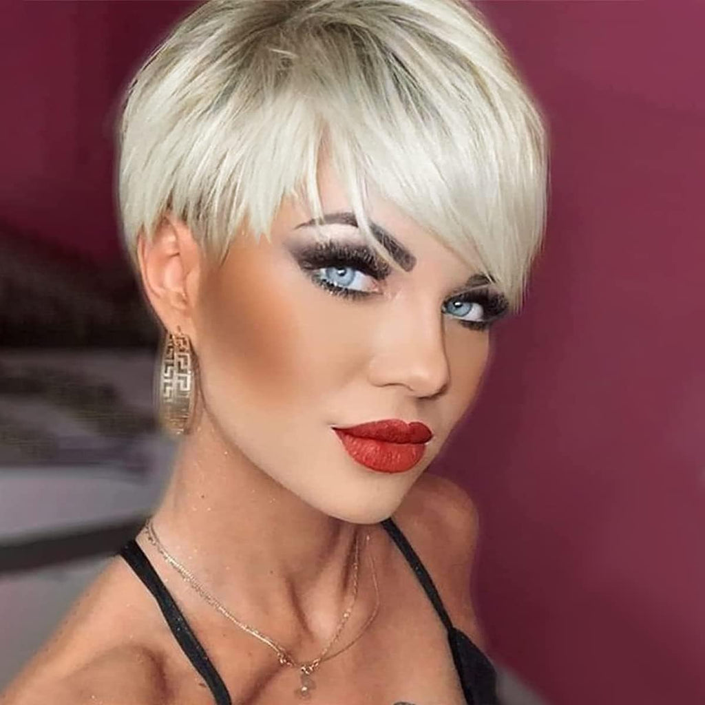 Creamily Short Wigs for Women Platinum Blonde Wig Synthetic Blonde Wigs with Bangs Blonde Wigs with Dark Root Wig Cap