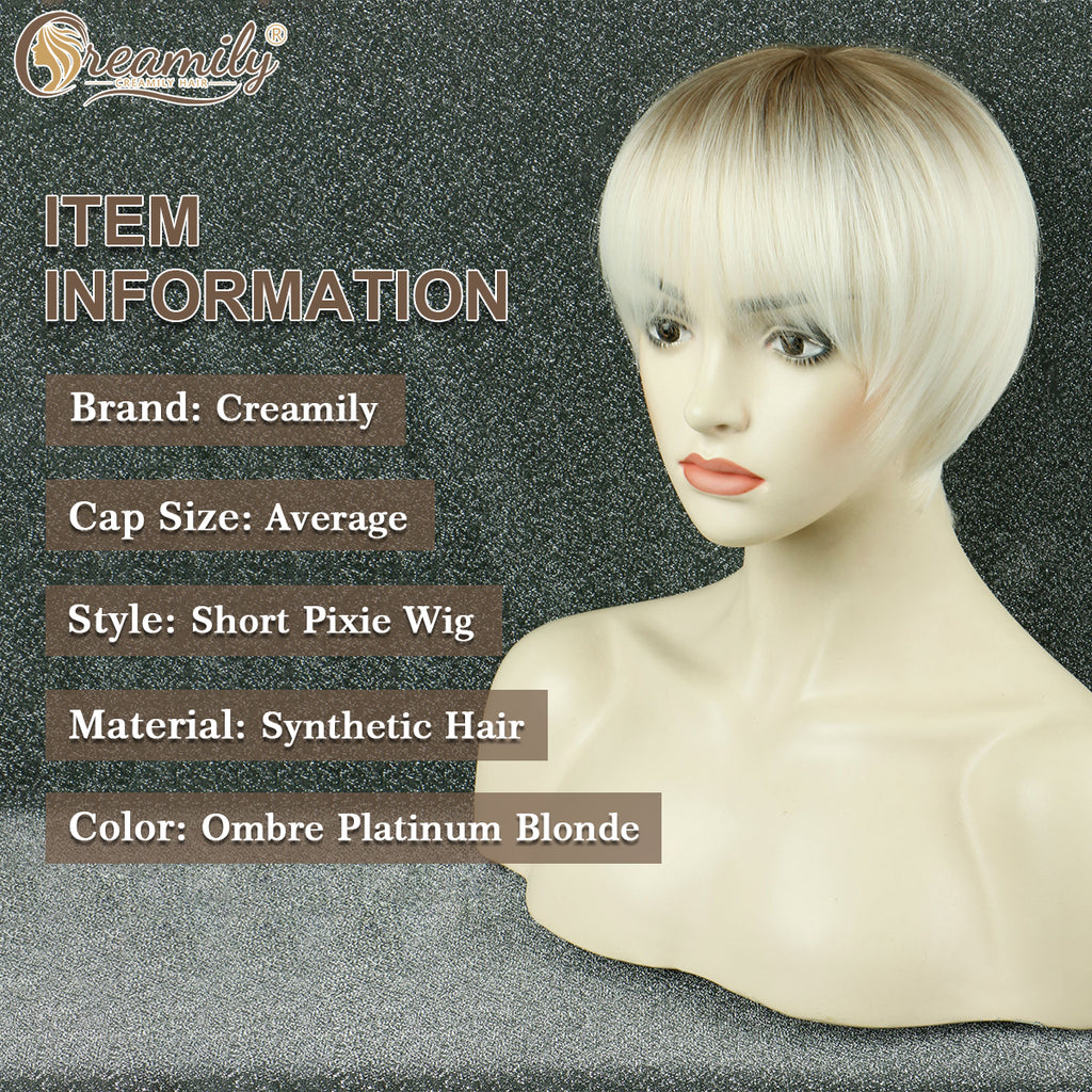 Creamily Short Wigs for Women Platinum Blonde Wig Synthetic Blonde Wigs with Bangs Blonde Wigs with Dark Root Wig Cap