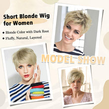 Load image into Gallery viewer, Lakihair Short Blonde Wigs for Women Natural Wave Pixie Cut Wig with Dark Roots