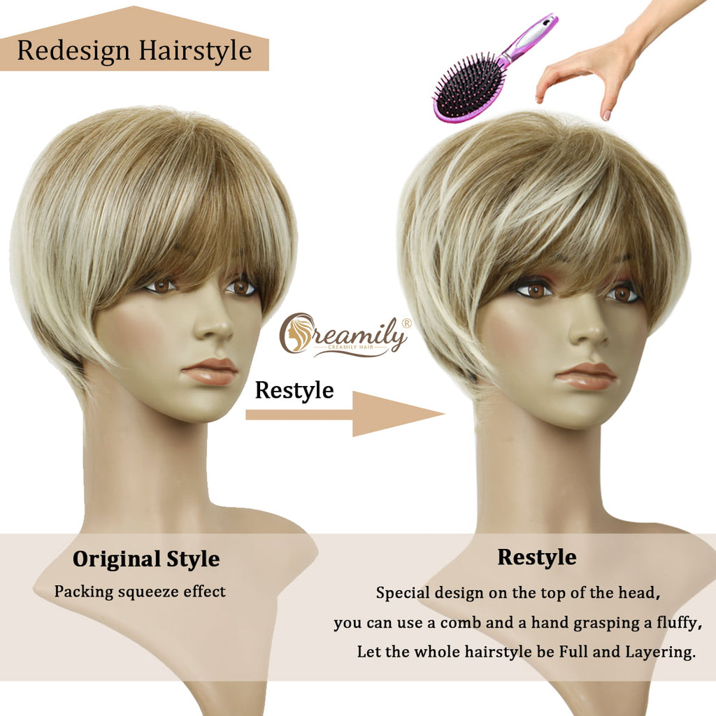 Creamily Short Wigs for Women Platinum Blonde Wig Synthetic Blonde Wigs with Bangs Blonde Wigs with Dark Root Wig Cap