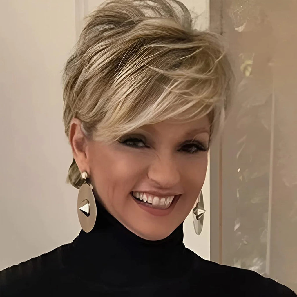 QUEENTAS Short Blonde Wigs for White Black Women Pixie Cut Wig Layered Blonde Glueless Wig with Bangs Synthetic  Hair Wig Cap