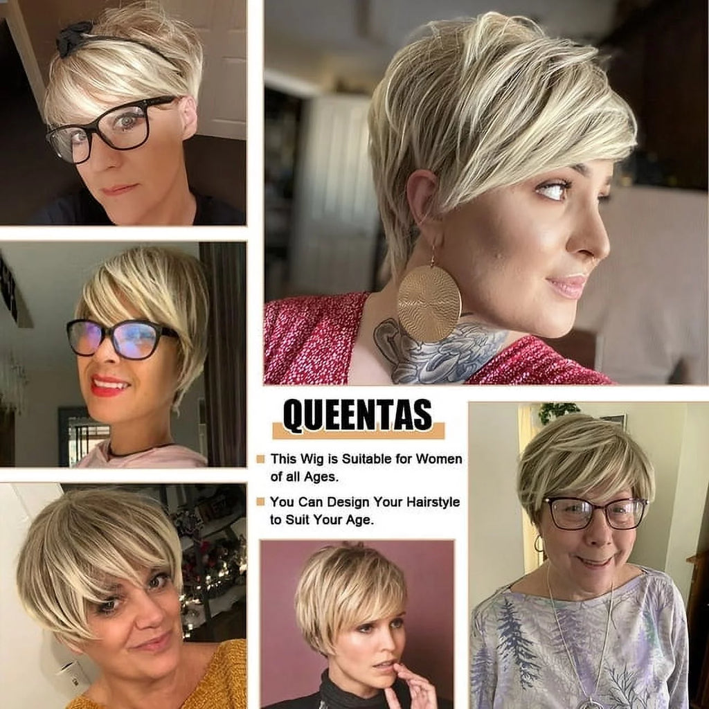 QUEENTAS Short Blonde Wigs for White Black Women Synthetic Blonde Pixie Cut Glueless Wig with Bangs Layered Hair Wefted Wig Caps (Blonde Mixed Brown)