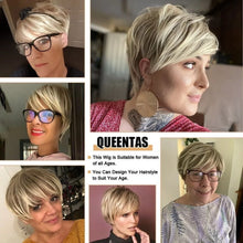 Load image into Gallery viewer, QUEENTAS Short Blonde Wigs for White Black Women Synthetic Blonde Pixie Cut Glueless Wig with Bangs Layered Hair Wefted Wig Caps (Blonde Mixed Brown)