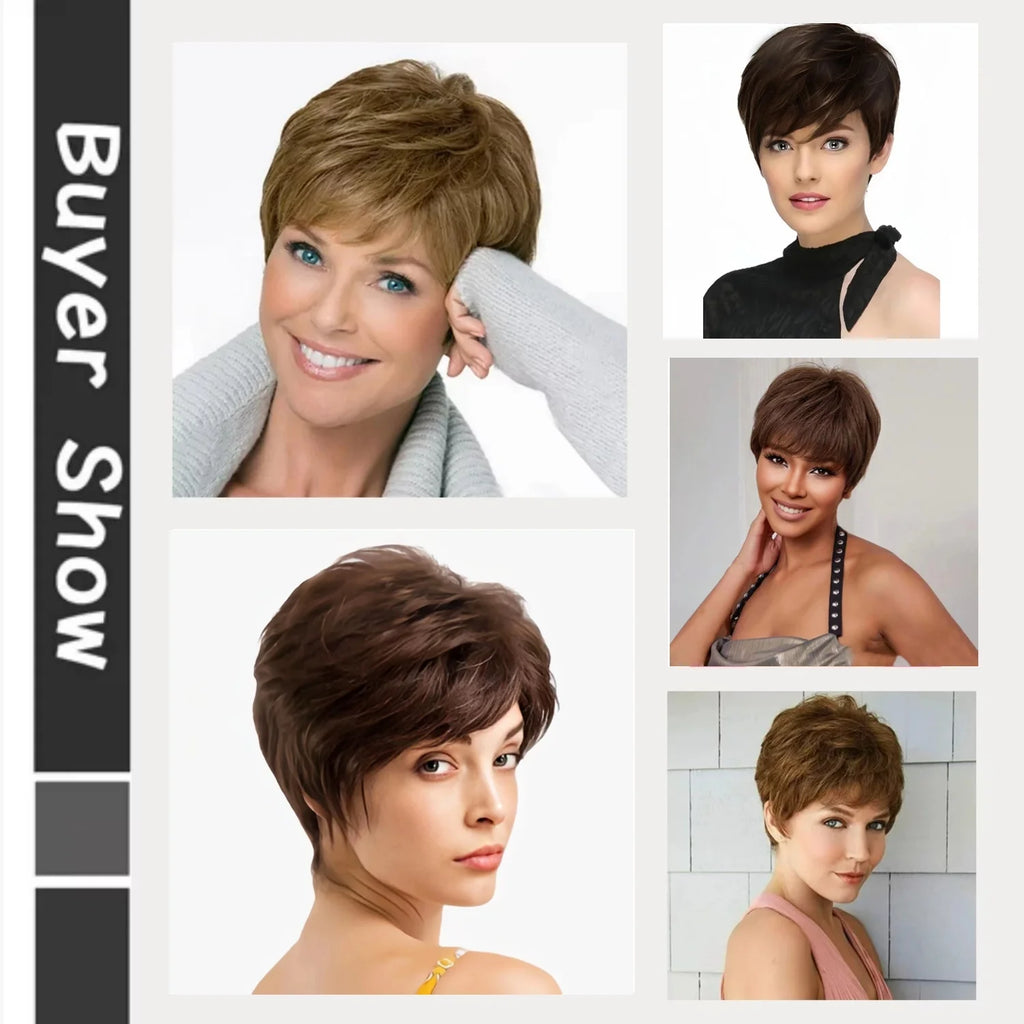 Queentas 8" Short Wigs for Black Women Synthetic Brown Short Wigs with Bangs Brown Curly Wig (Chestnut Brown Wig)