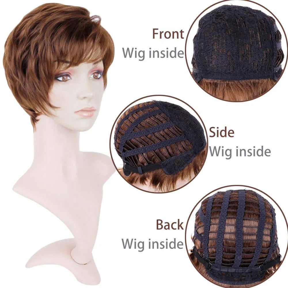 Queentas 8" Short Wigs for Black Women Synthetic Brown Short Wigs with Bangs Brown Curly Wig (Chestnut Brown Wig)