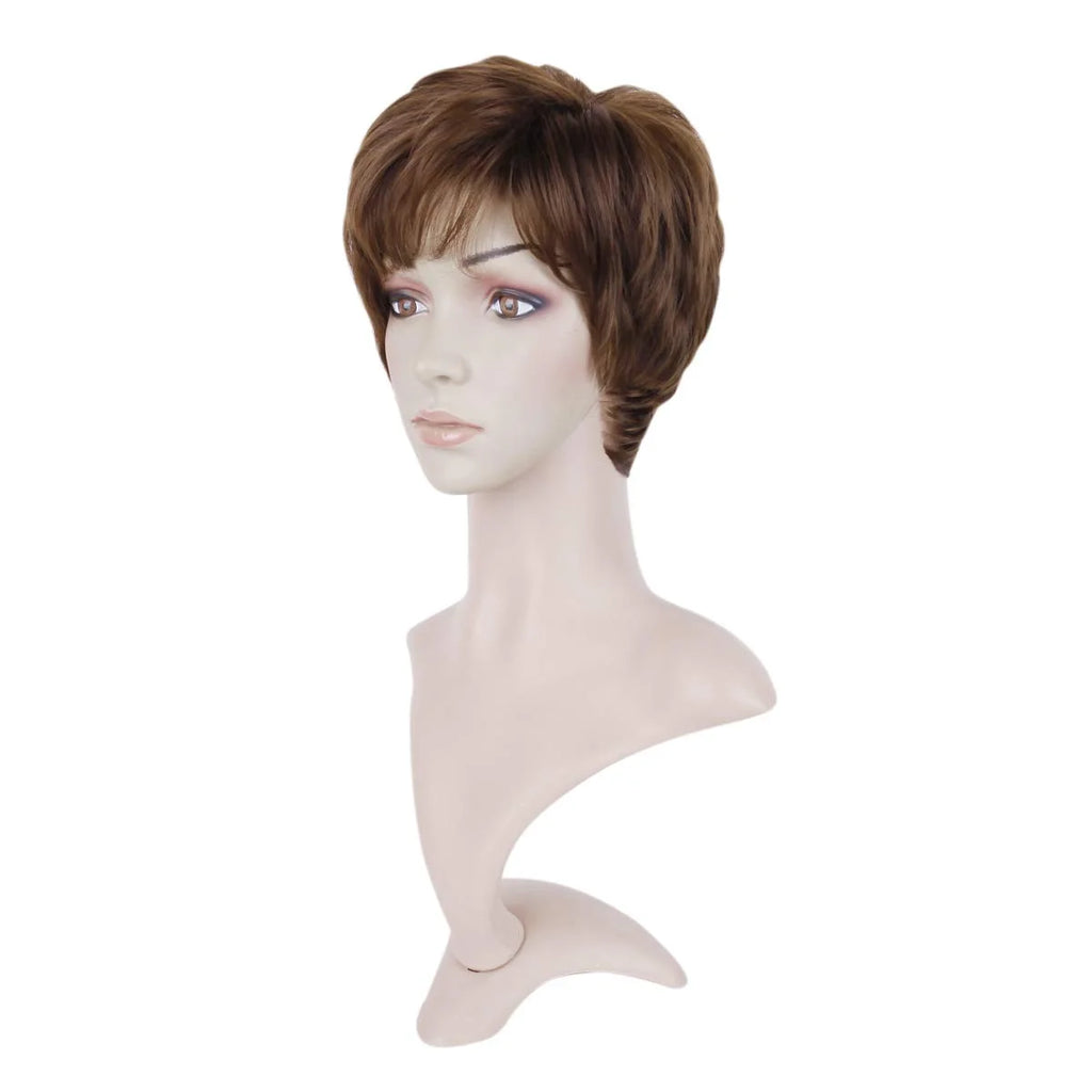 Queentas 8" Short Wigs for Black Women Synthetic Brown Short Wigs with Bangs Brown Curly Wig (Chestnut Brown Wig)