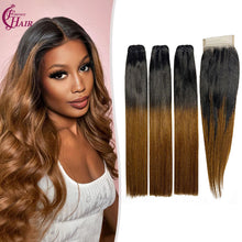 Load image into Gallery viewer, FH 3 Bundles with Closure 10A  Virgin Human Hair Weft Bundles with 4x4 Closure