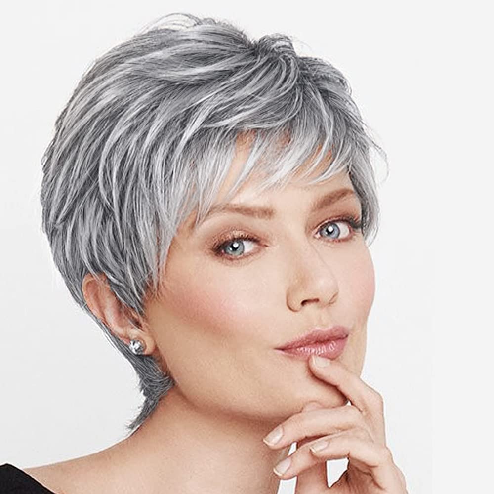 yms✨2PCS 50% OFF✨P13547 Old Lady Costume Grandma Wig Short Ombre Sliver Gray Pixie Cut Wig Dark Root Straight Layered Short Hair with Fringe Synthetic Hair Pixie Short Wigs for Black White Women