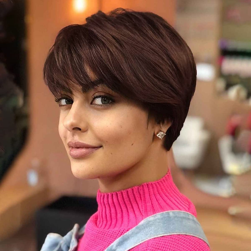 no44 yms✨2PCS 50% OFF✨ P13873 Short Brown Wigs for White Women Pixie Cut Wig with Bangs Pixie Layered Short Hair Wigs for Women Synthetic Hair Daily Use Cosplay