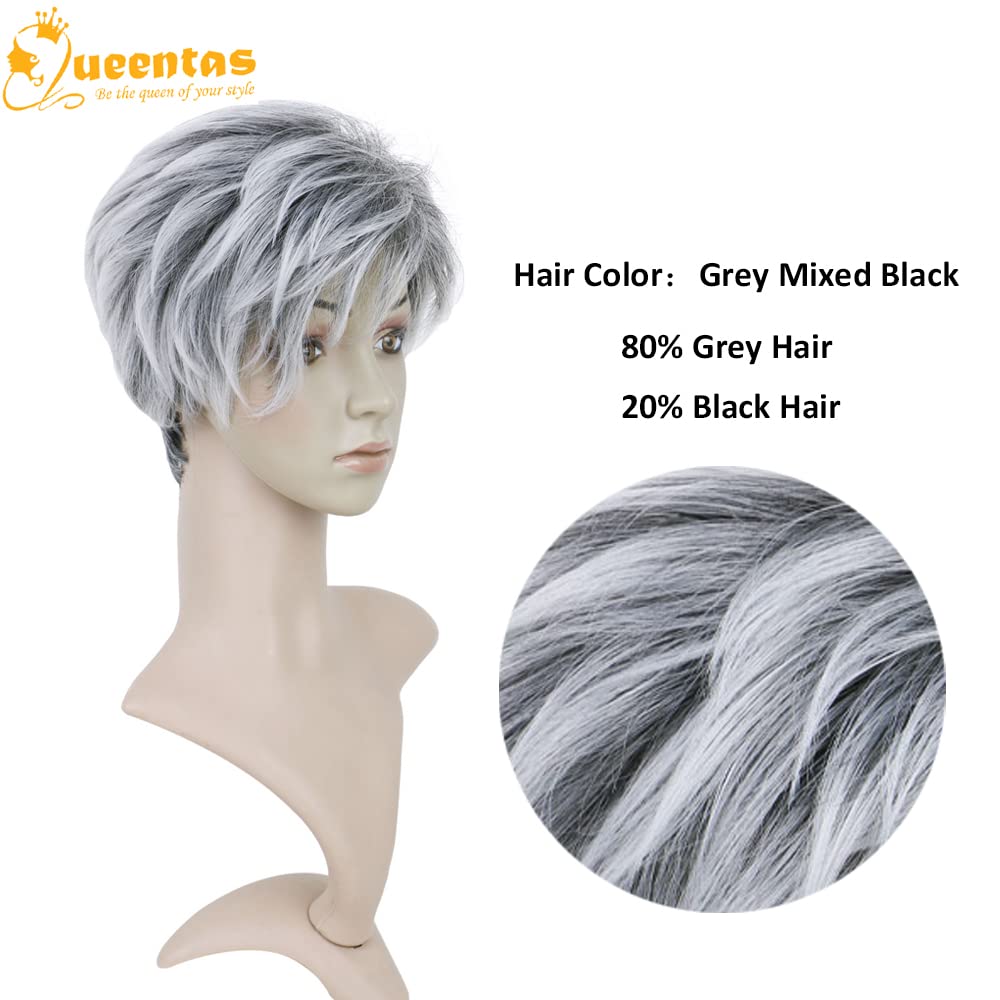 yms✨2PCS 50% OFF✨P13547 Old Lady Costume Grandma Wig Short Ombre Sliver Gray Pixie Cut Wig Dark Root Straight Layered Short Hair with Fringe Synthetic Hair Pixie Short Wigs for Black White Women