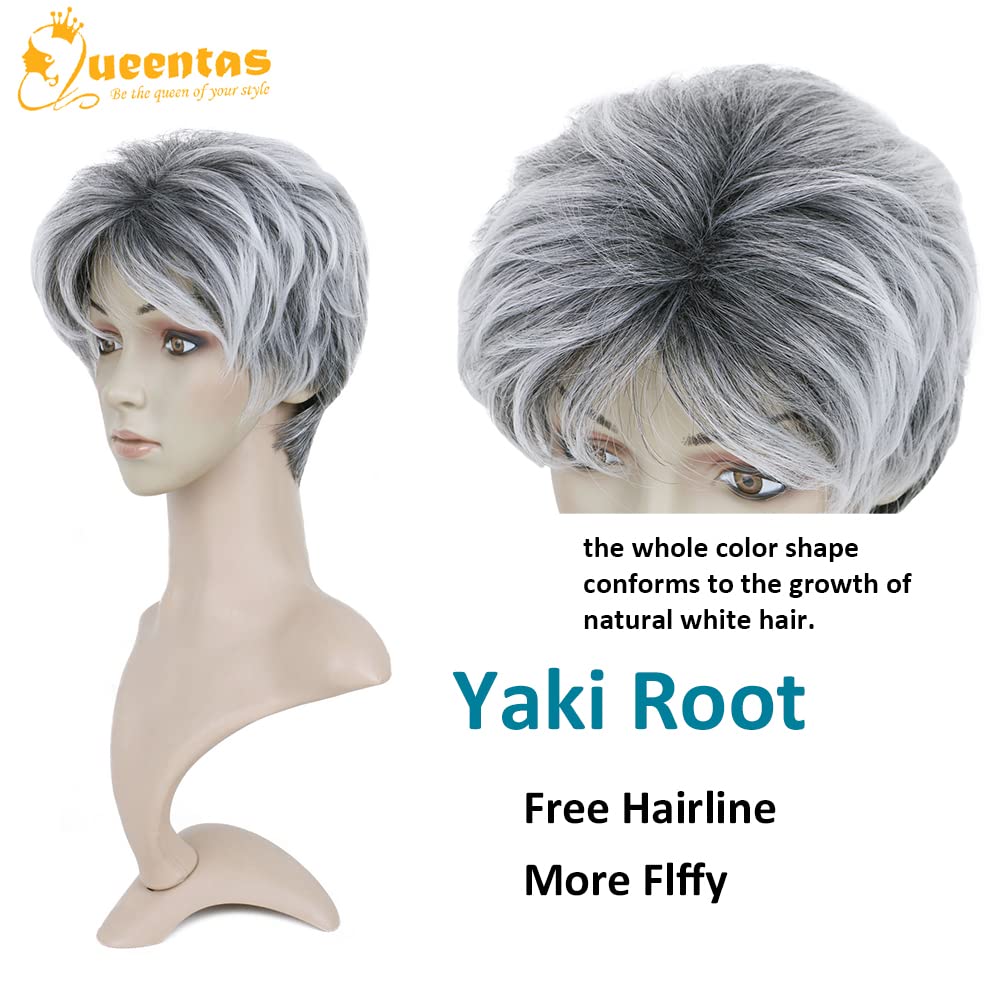 yms✨2PCS 50% OFF✨P13547 Old Lady Costume Grandma Wig Short Ombre Sliver Gray Pixie Cut Wig Dark Root Straight Layered Short Hair with Fringe Synthetic Hair Pixie Short Wigs for Black White Women