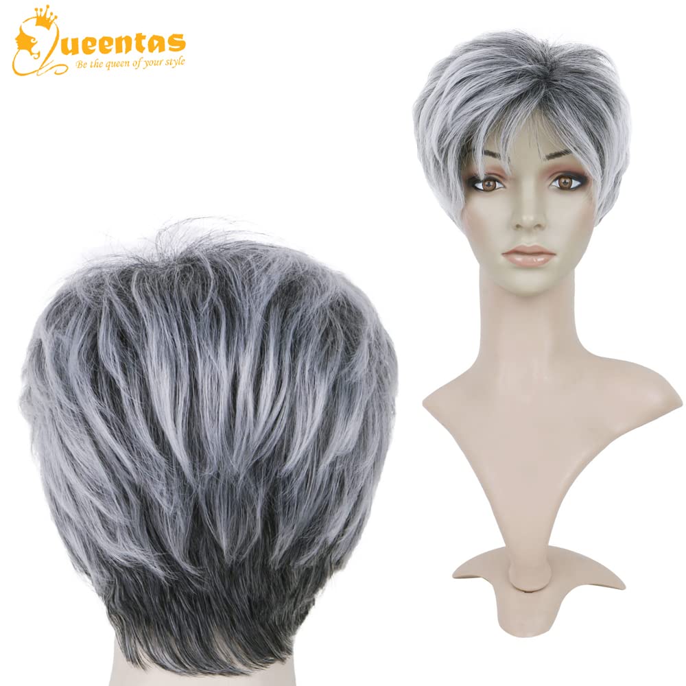 yms✨2PCS 50% OFF✨P13547 Old Lady Costume Grandma Wig Short Ombre Sliver Gray Pixie Cut Wig Dark Root Straight Layered Short Hair with Fringe Synthetic Hair Pixie Short Wigs for Black White Women