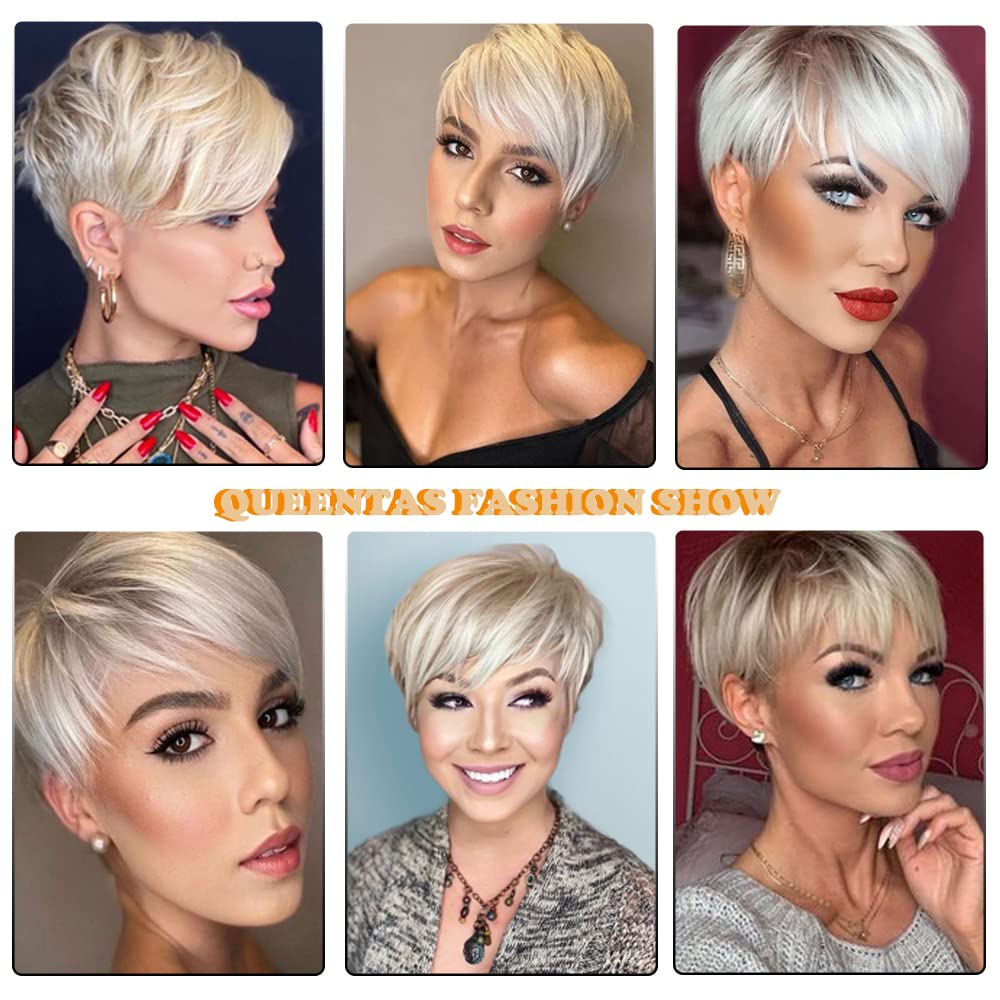 yms✨2PCS 50% OFF✨P13343 Short Blonde Wigs with Bangs Pixie Layered Short Pixie Cut Wigs for White Women Synthetic Hair