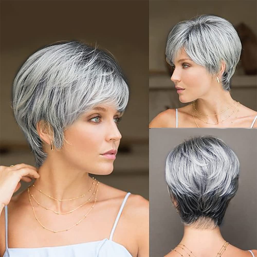 yms✨2PCS 50% OFF✨P13547 Old Lady Costume Grandma Wig Short Ombre Sliver Gray Pixie Cut Wig Dark Root Straight Layered Short Hair with Fringe Synthetic Hair Pixie Short Wigs for Black White Women