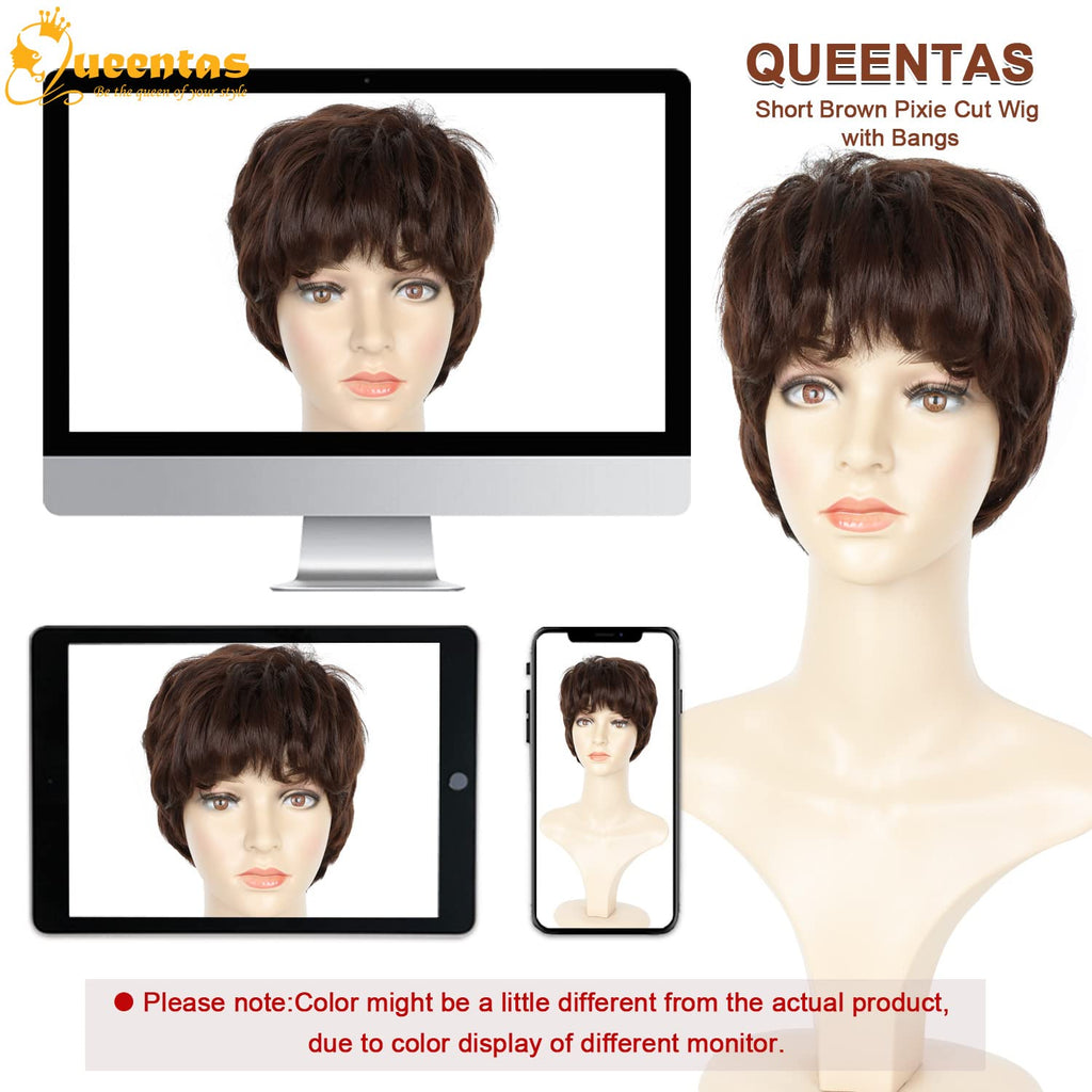 no44 yms✨2PCS 50% OFF✨ P13873 Short Brown Wigs for White Women Pixie Cut Wig with Bangs Pixie Layered Short Hair Wigs for Women Synthetic Hair Daily Use Cosplay