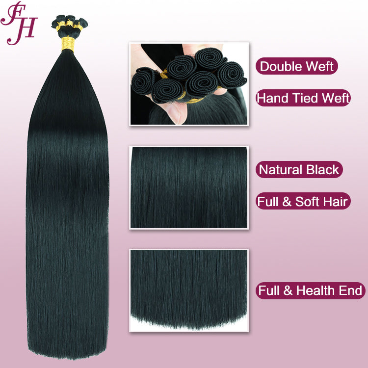 FH natural black hand-tied weft straight human hair extensions