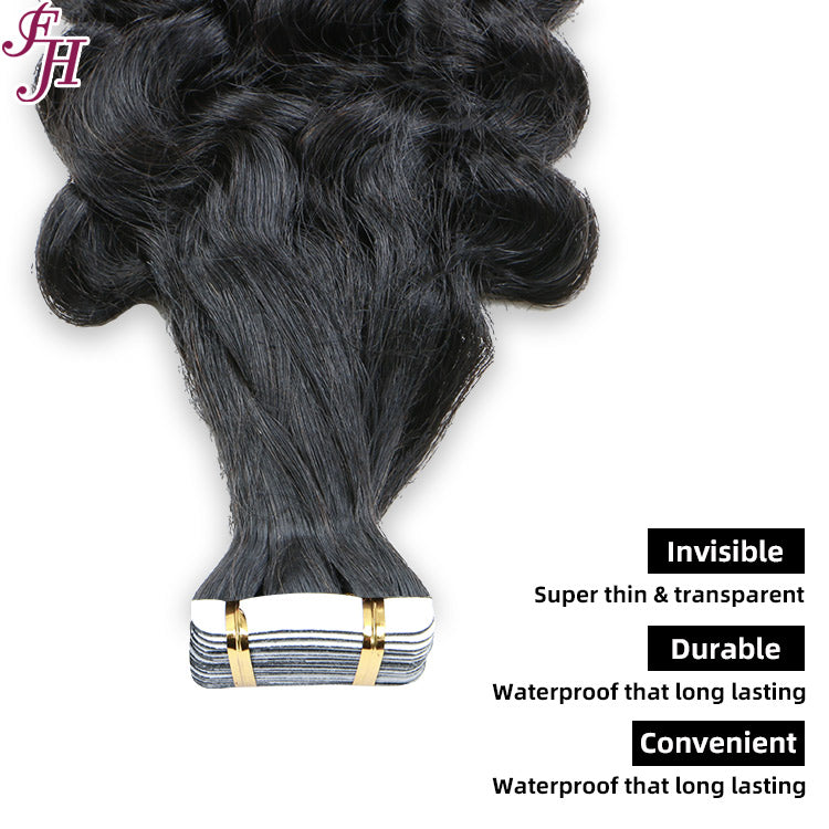 FH factory price black deep wave tape in hair extensions