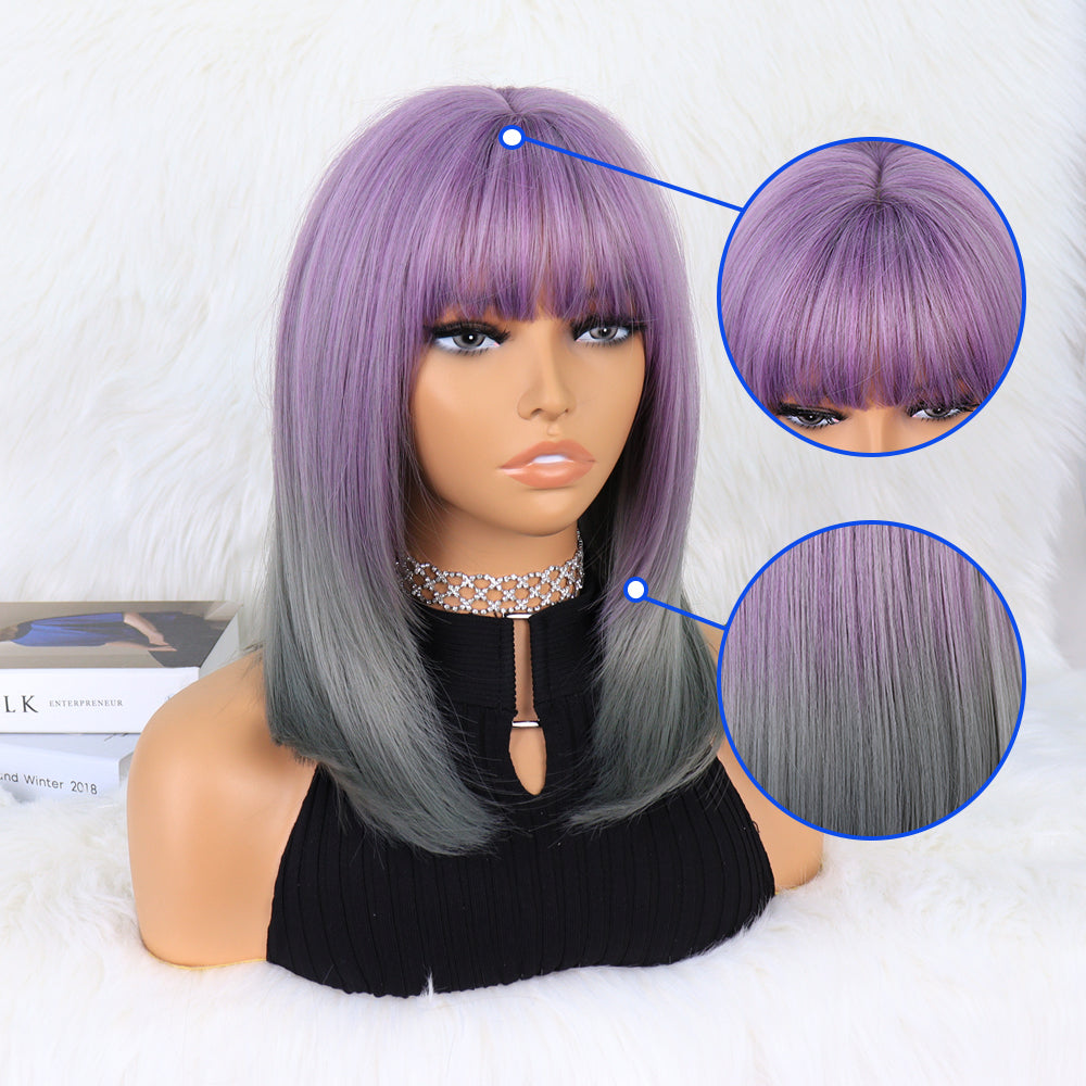 14inch P14347  ombre purple gray short bob bang synthetic wig