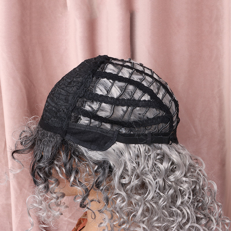 FHTK P13913 black and grey curly synthetic wig