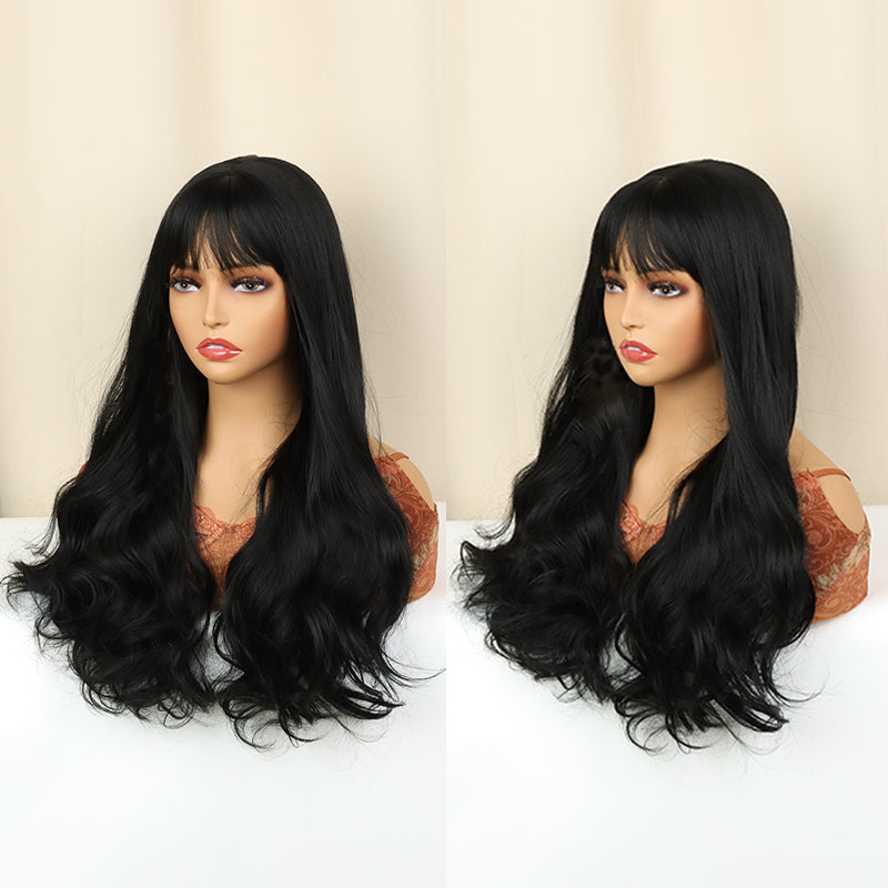 FH P13846 black wavy machine made with bang synthetic wig