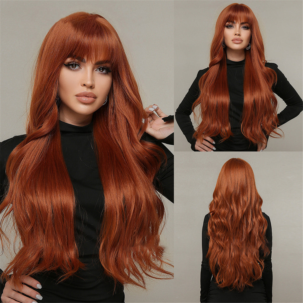 FH P14128 beautiful ginger color long wavy with bang synthetic wig