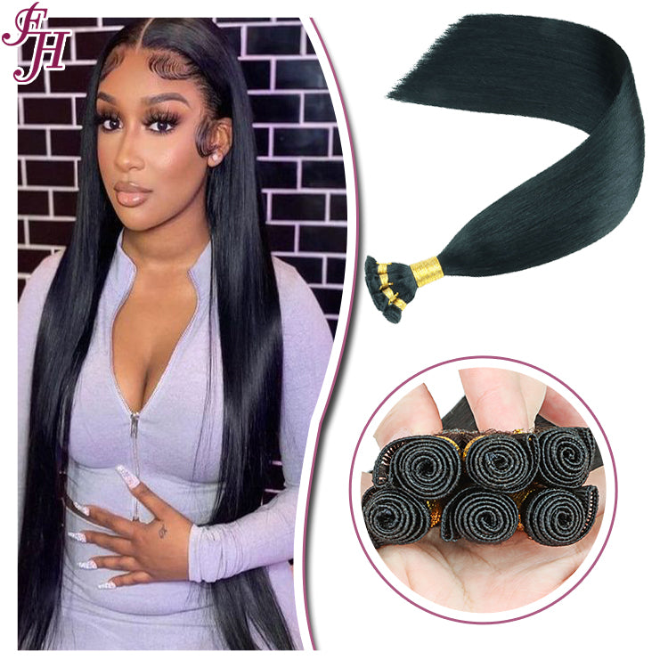 FH natural black hand-tied weft straight human hair extensions