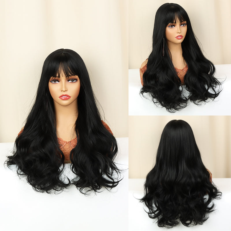 FH P13846 black wavy machine made with bang synthetic wig