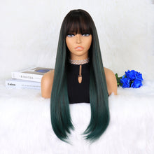 Load image into Gallery viewer, FH P14366 long straight ombre green color  synthetic wig with bang