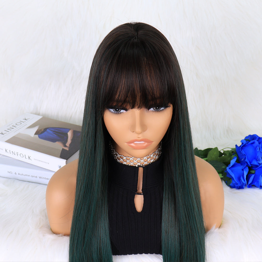 FH P14366 long straight ombre green color  synthetic wig with bang