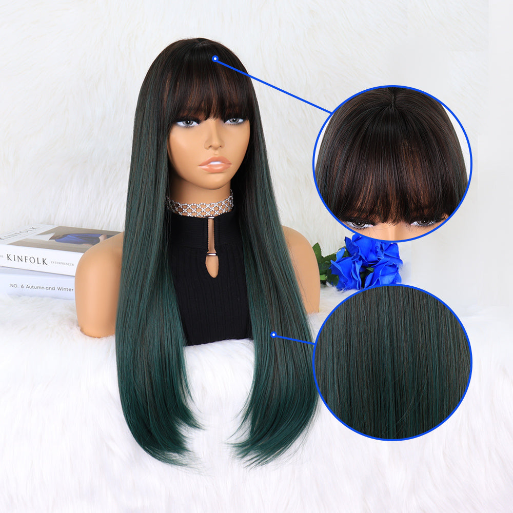 FH P14366 long straight ombre green color  synthetic wig with bang