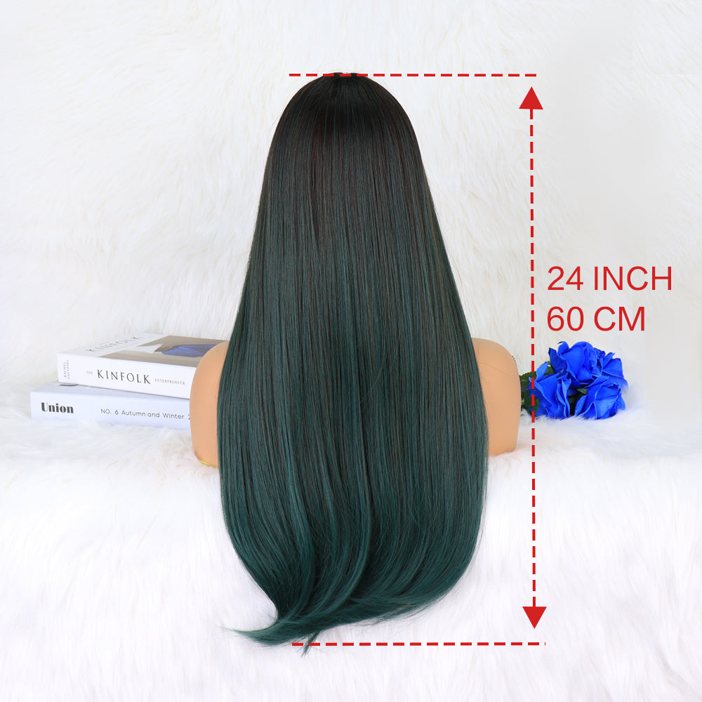 FH P14366 long straight ombre green color  synthetic wig with bang