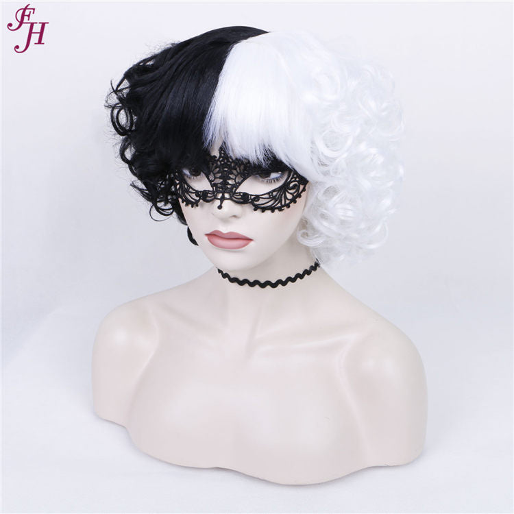 FH P13580 short curly natural black and white synthetic hair wig