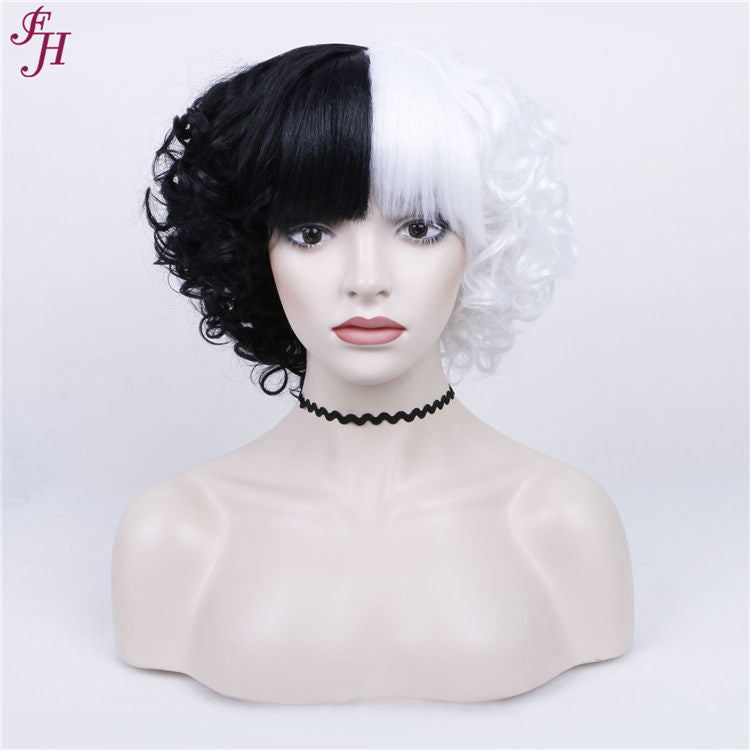 FH P13580 short curly natural black and white synthetic hair wig