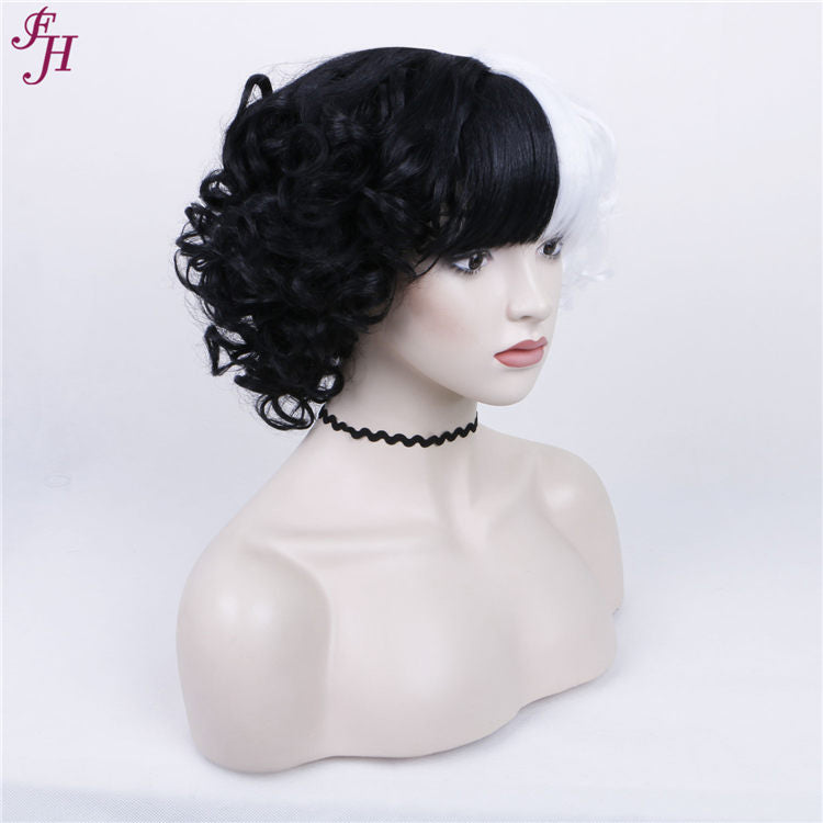 FH P13580 short curly natural black and white synthetic hair wig