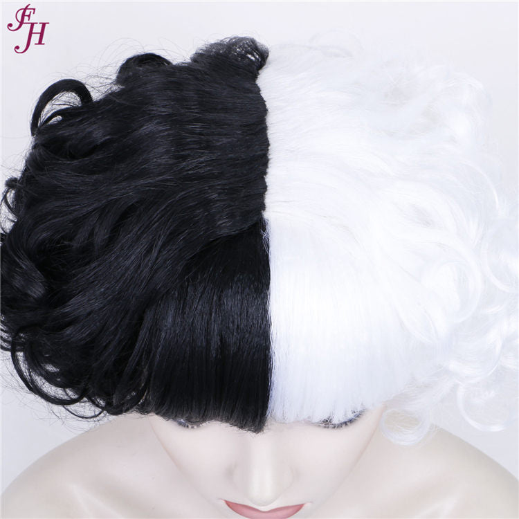 FH P13580 short curly natural black and white synthetic hair wig