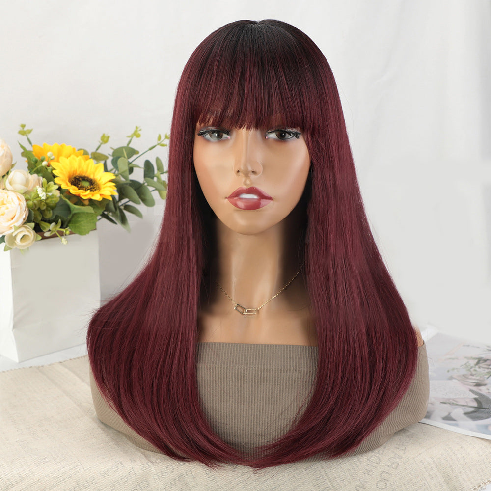 P14371 ombre Burgundy  color straight  synthetic wig with bang