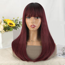 Load image into Gallery viewer, P14371 ombre Burgundy  color straight  synthetic wig with bang