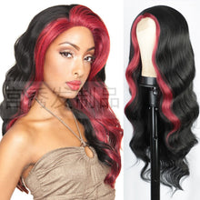 Load image into Gallery viewer, P14369 ombre black and red color body wave middle part synthetic wig