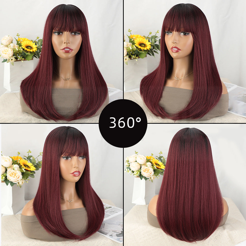 P14371 ombre Burgundy  color straight  synthetic wig with bang