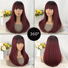 Load image into Gallery viewer, P14371 ombre Burgundy  color straight  synthetic wig with bang