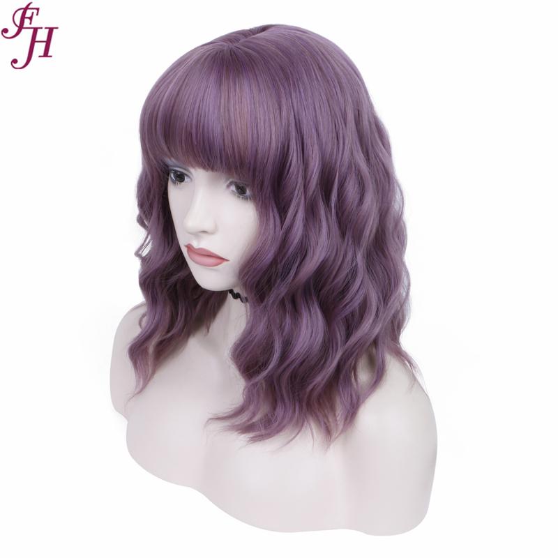 no34✨2PCS 50% OFF✨ FH P13575 purple short wavy hair wig with bang synthetic wig