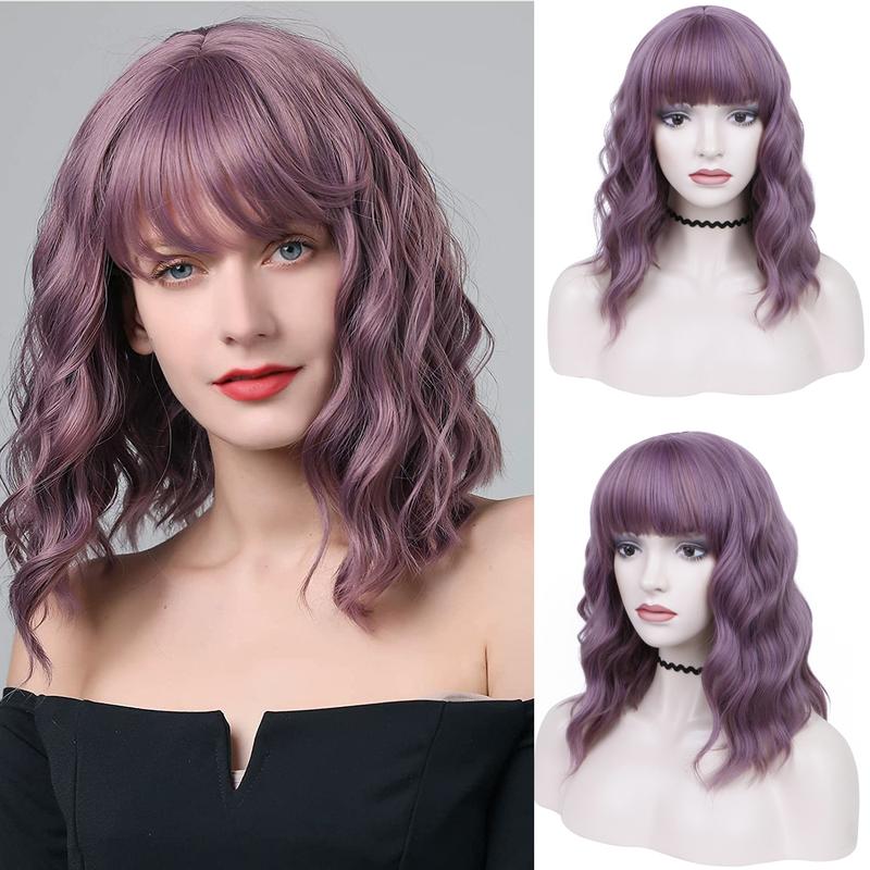 no34✨2PCS 50% OFF✨ FH P13575 purple short wavy hair wig with bang synthetic wig