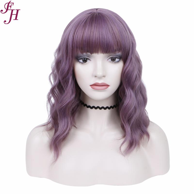 no34✨2PCS 50% OFF✨ FH P13575 purple short wavy hair wig with bang synthetic wig